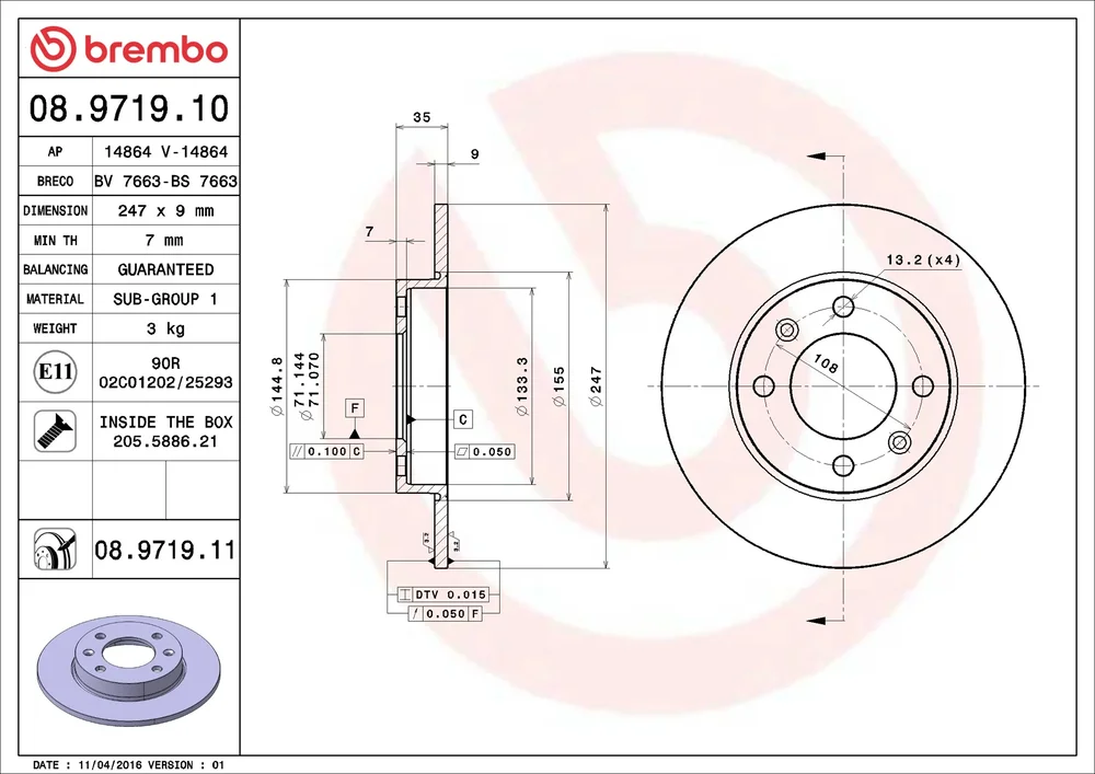 Brzdový kotouč BREMBO 08.9719.11