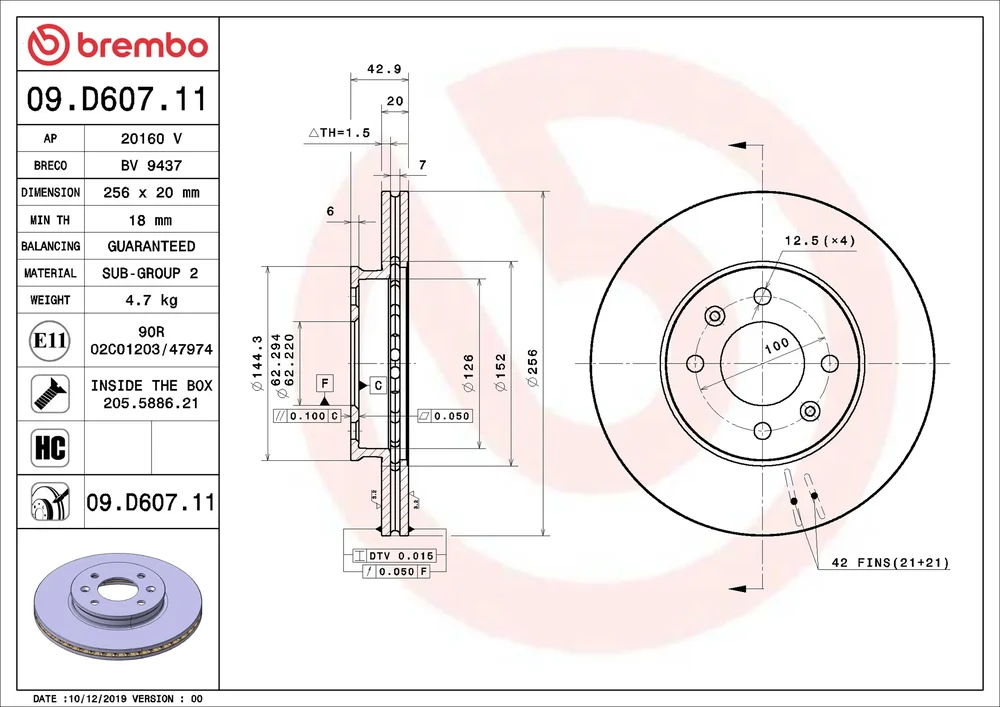 Brzdový kotouč BREMBO 09.D607.11 – OE 51712G6300 Brzdový kotouč BREMBO 09.D607.11 – OE 51712G6300