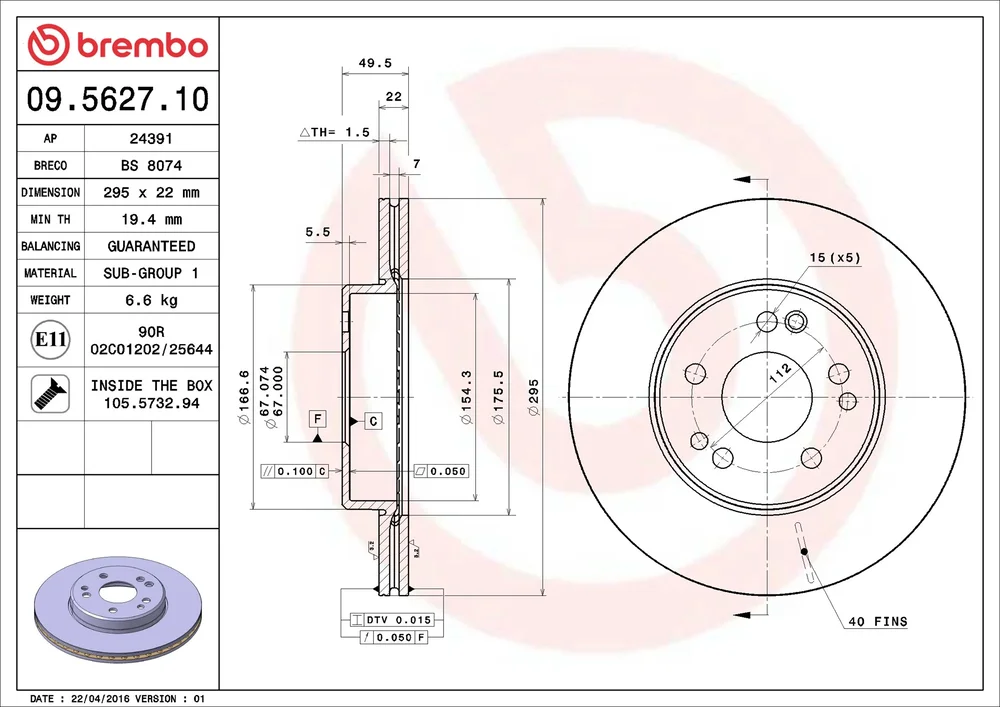 Brzdový kotouč BREMBO 09.5627.10