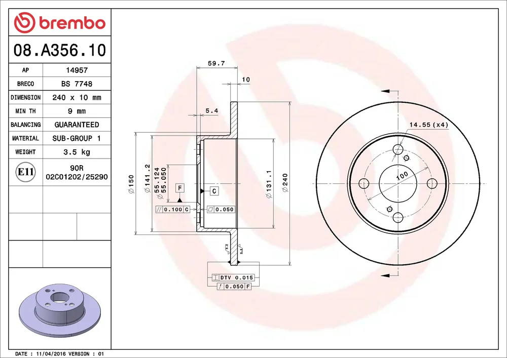 Brzdový kotouč BREMBO 08.A356.10 – OE 4243112190