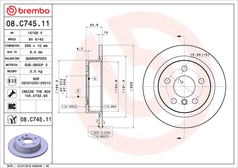 Brzdový kotouč BREMBO 08.C745.11 – OE 34216799383 Brzdový kotouč BREMBO 08.C745.11 – OE 34216799383