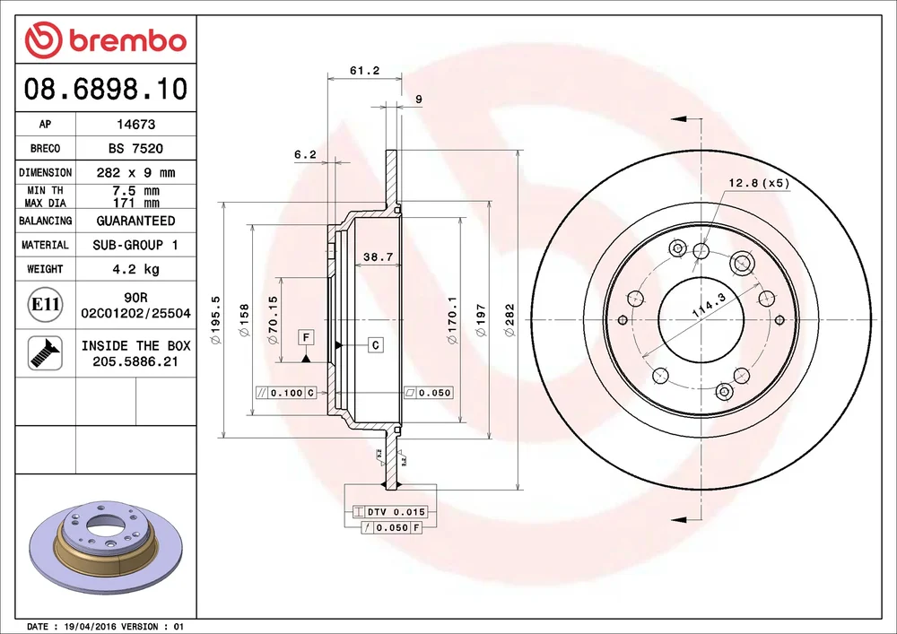 Brzdový kotouč BREMBO 08.6898.10 Brzdový kotouč BREMBO 08.6898.10