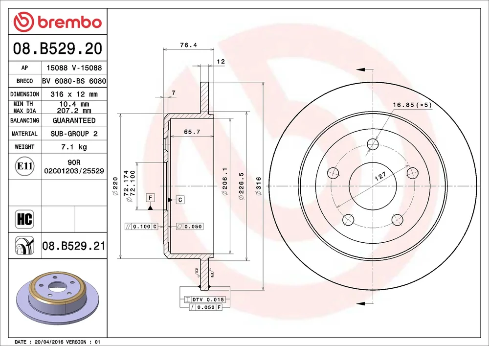 Brzdový kotouč BREMBO 08.B529.21 – OE 52060147AA
