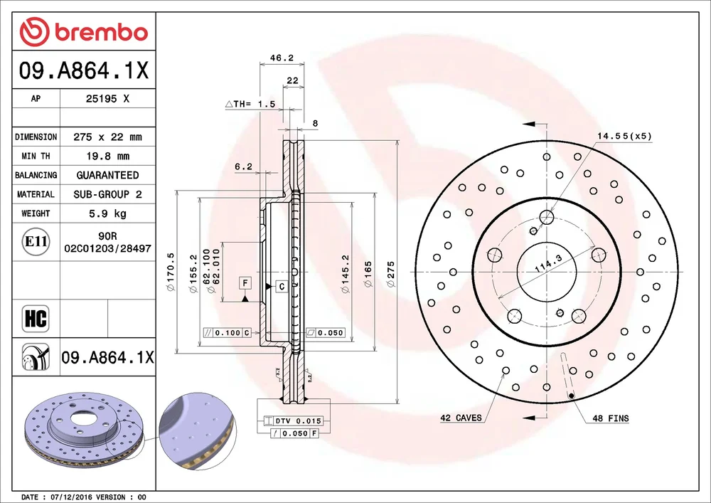 Brzdový kotouč BREMBO 09.A864.1X