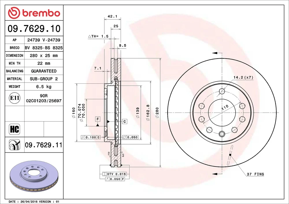 Brzdový kotouč BREMBO 09.7629.10