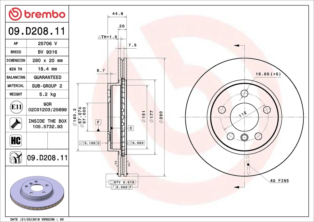 Brzdový kotouč BREMBO 09.D208.11 Brzdový kotouč BREMBO 09.D208.11