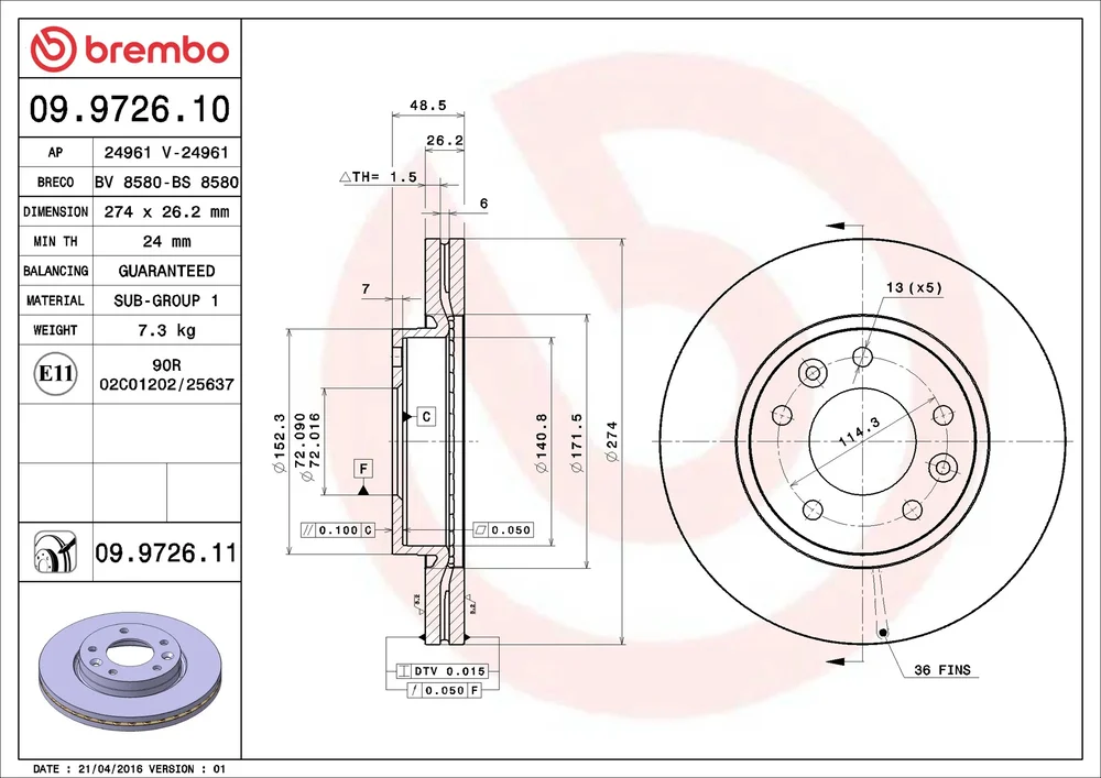 Brzdový kotouč BREMBO 09.9726.11
