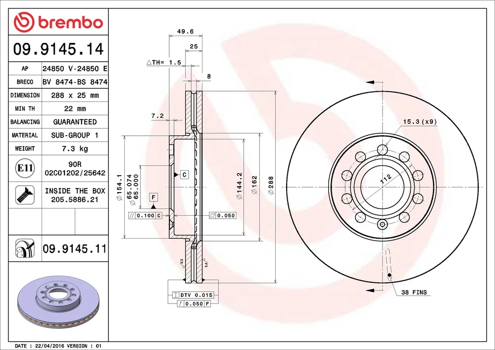 Brzdový kotouč BREMBO 09.9145.11